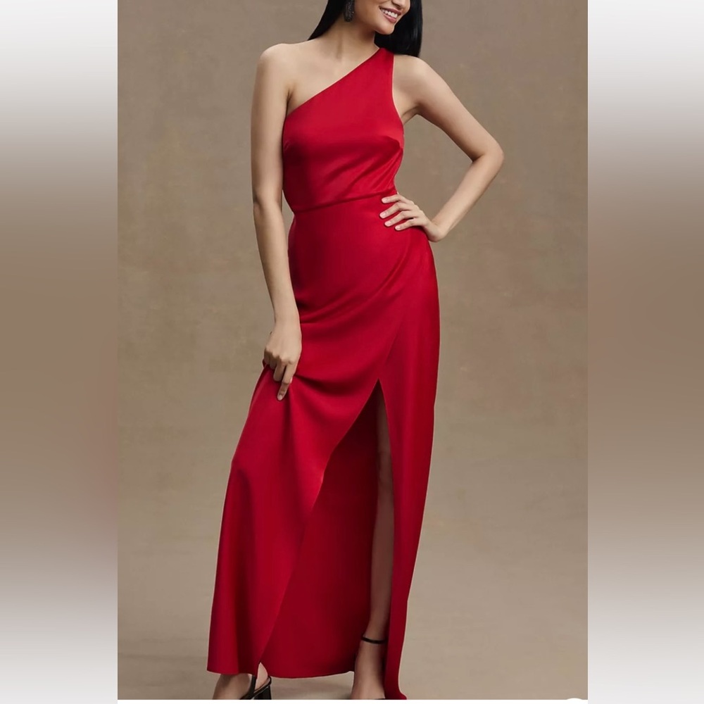Anthropologie BHLDN Dylan One-Shoulder Satin Side-Slit Gown